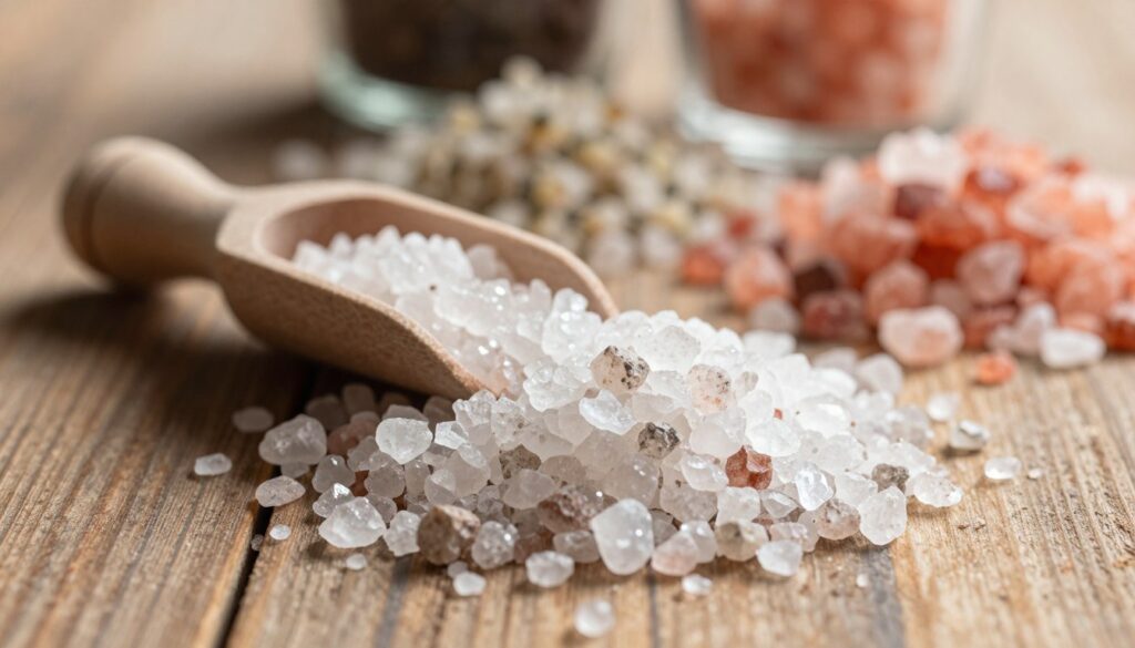 A close-up view of gray rock salt crystals, glimmering under soft, natural lighting that creates a sense of warmth and texture. The foreground displays a handful of coarse salt, with some crystals catching the light and sparkling against a rustic wooden surface. In the middle ground, a small scoop lies beside the salt, hinting at its practical use. The background features a blurred assortment of different salt types, like sea salt and pink Himalayan salt, arranged aesthetically to suggest a variety of options. The image conveys an earthy, natural atmosphere that emphasizes the allure and diversity of salt, engineered to evoke curiosity about its price and quality in 2026.