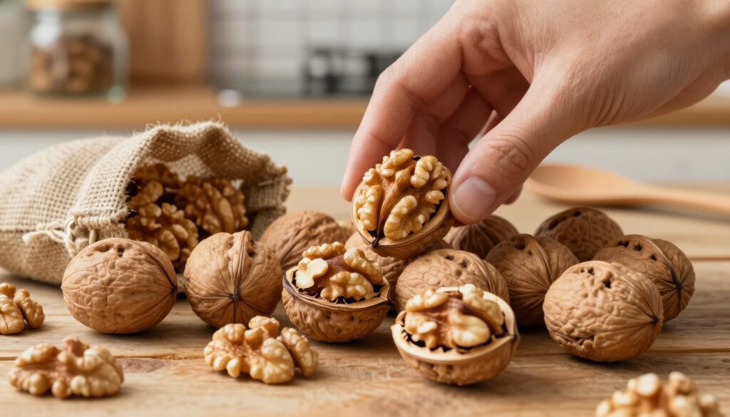 A close-up view of shelled and unshelled walnuts, arranged aesthetically on a rustic wooden kitchen table. The foreground showcases the textured walnut shells, some cracked open revealing the rich, creamy nut inside. In the middle, a delicate hand is gently handling one of the walnuts, emphasizing the concept of careful storage. Surrounding the walnuts, there are small burlap sacks and a glass jar, hinting at storage techniques. The background features soft, warm lighting that creates a cozy atmosphere, with blurred kitchen elements like dried herbs and wooden utensils adding context. The focus is sharp on the walnuts, highlighting their rich, earthy tones and natural textures while evoking a sense of home and freshness. A close-up view of shelled and unshelled walnuts, arranged aesthetically on a rustic wooden kitchen table. The foreground showcases the textured walnut shells, some cracked open revealing the rich, creamy nut inside. In the middle, a delicate hand is gently handling one of the walnuts, emphasizing the concept of careful storage. Surrounding the walnuts, there are small burlap sacks and a glass jar, hinting at storage techniques. The background features soft, warm lighting that creates a cozy atmosphere, with blurred kitchen elements like dried herbs and wooden utensils adding context. The focus is sharp on the walnuts, highlighting their rich, earthy tones and natural textures while evoking a sense of home and freshness.