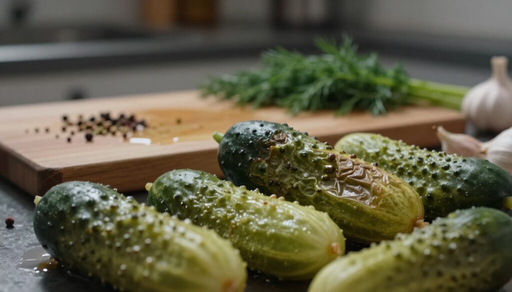 A close-up view of spoiled cucumbers, featuring some wrinkled, discolored, and mushy vegetables in the foreground, emphasizing their signs of decay. In the middle ground, include a rustic wooden cutting board partially covered with vinegary brine, and scattered spices like dill and garlic. The background should feature a dimly lit kitchen space, with soft, ambient lighting creating a somber mood. Use a shallow depth of field to focus sharply on the cucumbers while softly blurring the background, evoking a sense of caution regarding food safety. Capture the textures and colors vividly to highlight the unpleasant aspects of spoilage, with a hint of moisture to suggest freshness gone wrong.