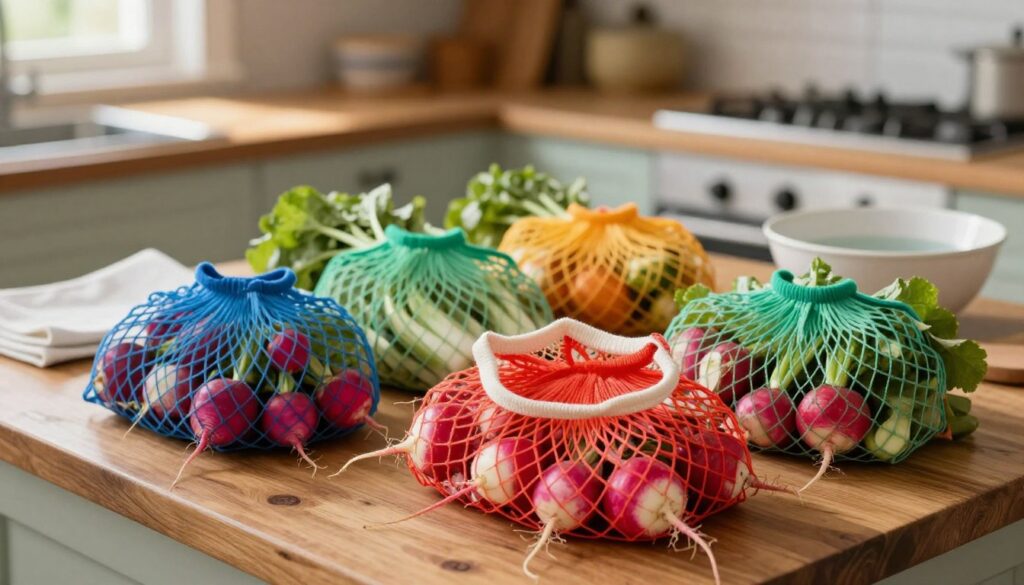 A collection of colorful, neatly arranged string bags filled with fresh, crunchy radishes, displayed on a rustic wooden kitchen countertop. In the foreground, the bags are slightly open, revealing the vibrant colors of the radishes, showcasing their freshness. In the middle ground, a blurred paper towel and a bowl of water hint at the storage process, enhancing the theme of preserving vegetables. The background features a softly lit kitchen with warm ambient light filtering through a nearby window, creating a cozy and inviting atmosphere. The focus is sharp on the string bags and radishes, with a shallow depth of field to emphasize the freshness of the produce. The overall mood conveys a practical, homely approach to vegetable storage. No text or logos are included.