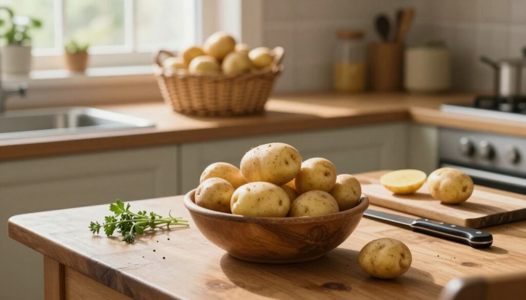 A cozy kitchen interior featuring a wooden table centered in the foreground, adorned with a rustic bowl filled with freshly harvested potatoes. The bowl should be surrounded by kitchen tools such as a knife, cutting board, and herbs to create an inviting scene. In the middle ground, a lightly worn countertop showcases a wicker basket filled with potatoes, hinting at proper storage techniques. The background reveals a window with soft, natural light streaming in, illuminating the space and casting gentle shadows, enhancing the warm atmosphere. Utilize a warm color palette and a slightly blurred depth of field, focusing on the bowl and basket while keeping the kitchen setting inviting and homely. The image should evoke a sense of comfort and practicality in potato storage. A cozy kitchen interior featuring a wooden table centered in the foreground, adorned with a rustic bowl filled with freshly harvested potatoes. The bowl should be surrounded by kitchen tools such as a knife, cutting board, and herbs to create an inviting scene. In the middle ground, a lightly worn countertop showcases a wicker basket filled with potatoes, hinting at proper storage techniques. The background reveals a window with soft, natural light streaming in, illuminating the space and casting gentle shadows, enhancing the warm atmosphere. Utilize a warm color palette and a slightly blurred depth of field, focusing on the bowl and basket while keeping the kitchen setting inviting and homely. The image should evoke a sense of comfort and practicality in potato storage.