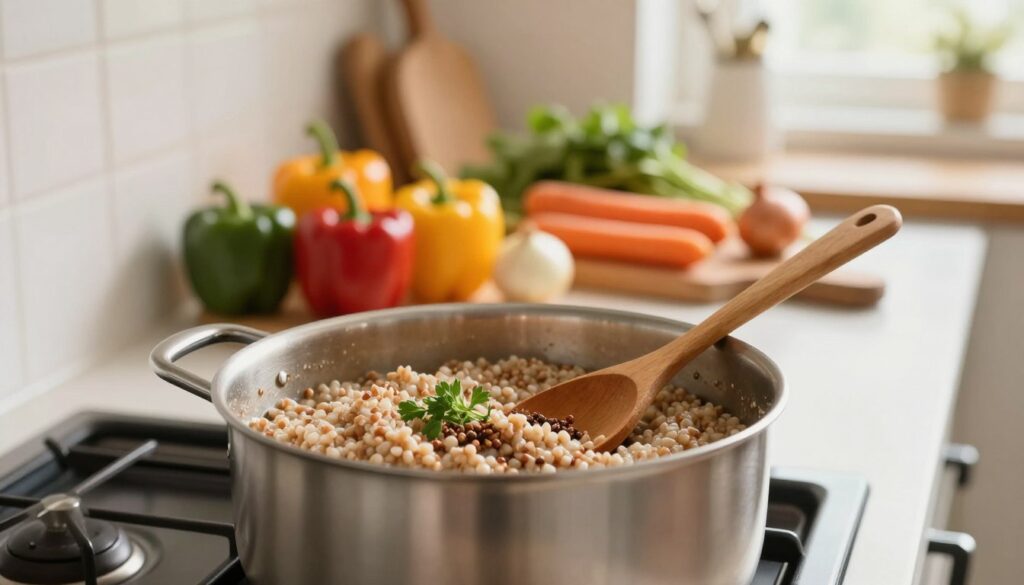 A cozy kitchen scene featuring a pot of perfectly fluffy, aromatic buckwheat groats cooking on the stove. In the foreground, a wooden spoon rests against the pot, with a sprinkle of fresh herbs and spices nearby, enhancing flavor. The middle of the image includes a clean countertop adorned with a variety of colorful vegetables like bell peppers, carrots, and onions, ready to be prepared as side dishes. The background shows a warm, inviting kitchen with soft, natural light streaming in through a window, illuminating the space evenly. The atmosphere feels homely and inviting, encouraging the viewer to appreciate the art of cooking wholesome meals. The lens should provide a slightly blurred background to give focus to the cooking process and ingredients, conveying a sense of comfort and culinary warmth.