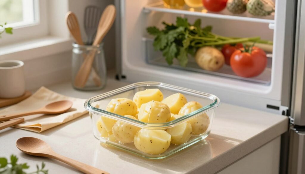 A cozy kitchen scene featuring a step-by-step guide on how to store cooked potatoes in the refrigerator. In the foreground, focus on a clear glass container filled with slightly cooled, expertly prepared boiled potatoes, ready for storage. The middle ground presents an organized kitchen counter with utensils, parchment paper, and a wooden spoon. In the background, a softly lit refrigerator door is slightly ajar, with fresh herbs and vegetables visible, adding a touch of color. The lighting is warm and inviting, creating a homely atmosphere, with natural sunlight filtering through a nearby window, casting gentle shadows. The angle is slightly elevated, providing a clear view of the arrangement without any distractions or text. A cozy kitchen scene featuring a step-by-step guide on how to store cooked potatoes in the refrigerator. In the foreground, focus on a clear glass container filled with slightly cooled, expertly prepared boiled potatoes, ready for storage. The middle ground presents an organized kitchen counter with utensils, parchment paper, and a wooden spoon. In the background, a softly lit refrigerator door is slightly ajar, with fresh herbs and vegetables visible, adding a touch of color. The lighting is warm and inviting, creating a homely atmosphere, with natural sunlight filtering through a nearby window, casting gentle shadows. The angle is slightly elevated, providing a clear view of the arrangement without any distractions or text.