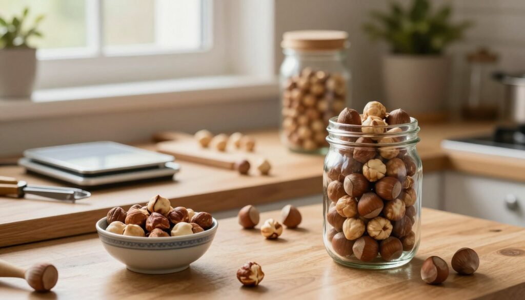A cozy kitchen scene featuring a variety of hazelnuts stored in different types of containers. In the foreground, a mason jar filled with raw hazelnuts and a small decorative bowl with roasted hazelnuts. The middle layer showcases a wooden countertop with a cutting board, a small scale, and intricate kitchen tools subtly placed around the nuts. In the background, warm light spills through a window, illuminating soft textiles and a potted plant, creating a homely atmosphere. The image is captured with a shallow depth of field, giving a soft blur to the background while keeping the nuts sharply in focus. The overall mood is inviting and warm, emphasizing the importance of proper storage conditions for hazelnuts.