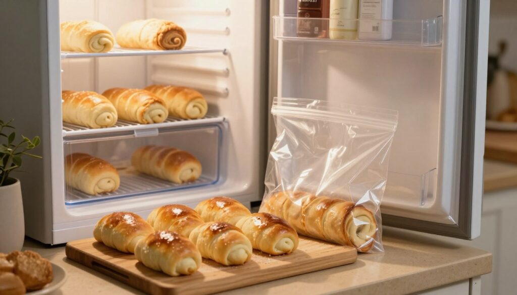 A cozy kitchen scene showcasing the process of freezing rolls. In the foreground, a wooden cutting board holds several freshly baked rolls, their golden-brown crust glistening. A clear plastic freezer bag is open nearby, emphasizing the act of preparing the rolls for freezing. In the middle, an open freezer can be seen with frozen items inside, creating a sense of coolness. The background features a quaint kitchen decor, with warm lighting illuminating the scene, casting soft shadows that enhance the inviting atmosphere. The overall mood is warm and homey, promoting a sense of comfort and practicality in food preservation.