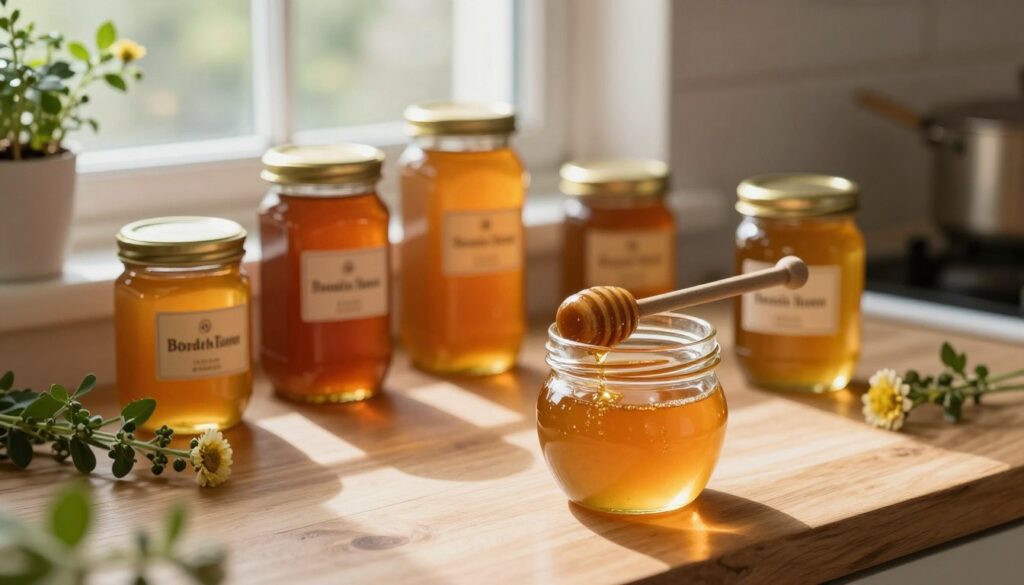 A cozy kitchen scene showcasing various jars of honey displayed on a wooden countertop. In the foreground, a clear glass jar filled with golden honey with a honey dipper resting on the rim, glistening under soft, warm light. In the middle, there are several neatly labeled jars in different sizes, each filled with honey showing varying shades of amber. A window in the background lets in natural light, casting gentle shadows across the countertop. Fresh herbs and small flowers surround the jars, adding a touch of nature. The atmosphere is inviting and warm, evoking a sense of care and attention to preserving the flavorful quality of honey.