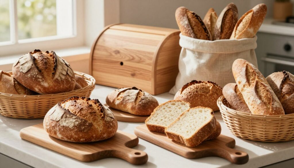 A cozy kitchen scene showcasing various types of bread freshly baked, including a rustic sourdough loaf, fluffy white bread, whole grain baguettes, and artisan rye. In the foreground, there are elegant wooden cutting boards and bread baskets overflowing with these breads. The middle ground features a stylish bread box made of natural wood and breathable linen bags, hinting at different storage methods. The background is softly lit, with warm sunlight filtering through a window, casting gentle shadows, enhancing the inviting atmosphere. The angle is slightly overhead, capturing the textures and crusts of the breads. Overall, the image evokes a sense of freshness and homeliness, perfect for illustrating the diverse ways to store bread.