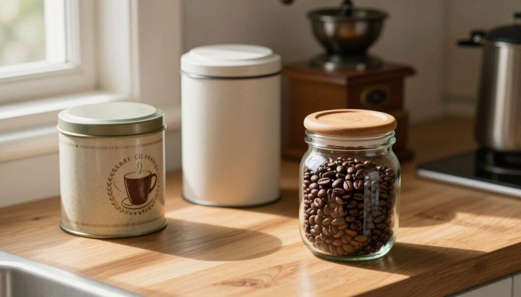 A cozy kitchen setting featuring a variety of coffee storage containers on a wooden countertop. In the foreground, a stylish, sealed glass jar can be seen, showcasing rich, dark coffee beans inside, glimmering under soft, warm lighting. To the left, a beautiful vintage tin container with a secure lid, decorated with a subtle coffee-themed design, adds a rustic touch. In the middle ground, a sleek, modern coffee canister with a silicon seal emphasizes functionality and freshness preservation. The background includes soft-focus elements like a coffee grinder and brewing equipment, creating an inviting atmosphere. Natural light filters through a nearby window, casting gentle shadows and enhancing the overall warmth of the scene, evoking a sense of comfort and care in coffee storage.