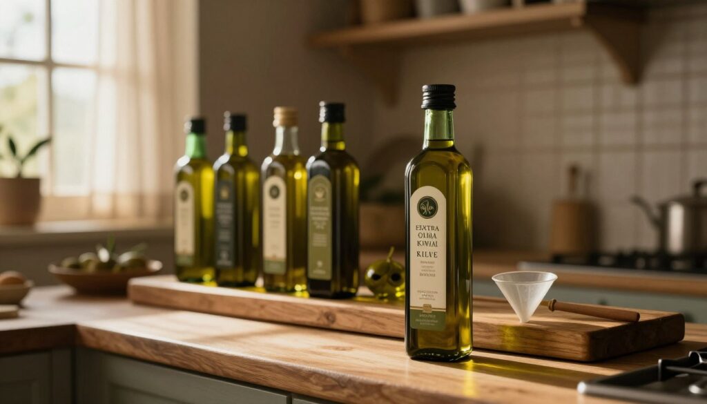 A cozy kitchen setting featuring a wooden shelf stocked with various bottles of olive oil, each elegantly labeled. In the foreground, a glass bottle of extra virgin olive oil is prominently displayed alongside a small funnel, hinting at the importance of proper storage. The middle ground shows a rustic, dimly lit kitchen with warm, inviting lights casting soft glows on the bottles, emphasizing their rich green and golden hues. In the background, a window reveals gentle sunlight filtering through sheer curtains, creating dappled light patterns on the counter. The atmosphere is serene and earthy, highlighting the theme of freshness and care in olive oil storage. The scene avoids clutter, focusing instead on simplicity and harmony, ensuring a professional presentation that aligns with the topic.