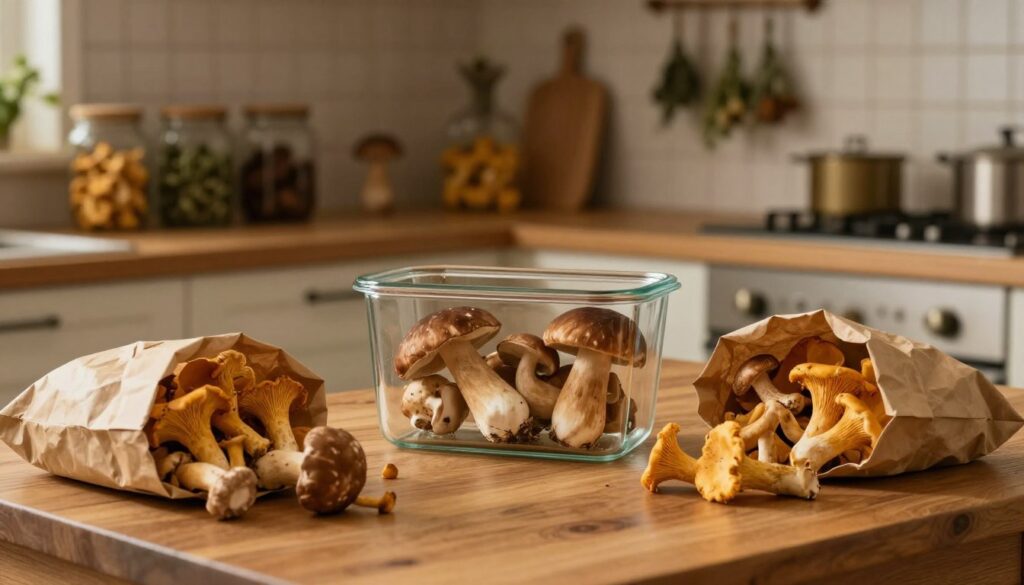 A cozy kitchen setting, filled with warm, soft lighting to create an inviting atmosphere. In the foreground, a wooden table is adorned with freshly foraged mushrooms, carefully placed in breathable paper bags, showcasing various types like chanterelles and porcini. In the middle, a transparent glass container filled with a few of the mushrooms is visible, emphasizing proper storage techniques. The background features shelves lined with jars and drying herbs, hinting at the care for food preservation. Subtle vignette lighting enhances the texture of the mushrooms and the rustic charm of the kitchen, evoking a sense of warmth and home. The overall mood is serene and informative, perfect for illustrating the art of mushroom storage.