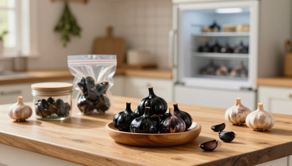 A cozy kitchen setting with a wooden table showcasing an elegant display of black garlic bulbs and cloves. The foreground prominently features a small wooden bowl filled with glossy black garlic, glistening under soft, warm lighting. In the middle, a rustic kitchen scene includes various storage containers, some vacuum-sealed to emphasize freshness, and a fridge partially open in the background, hinting at proper storage techniques. The backdrop reveals a serene kitchen with herbs hanging and natural light streaming through a window, casting gentle shadows that enhance the inviting atmosphere. The image conveys a sense of warmth and homeliness, perfect for illustrating optimal home storage methods for preserving the flavor of black garlic.