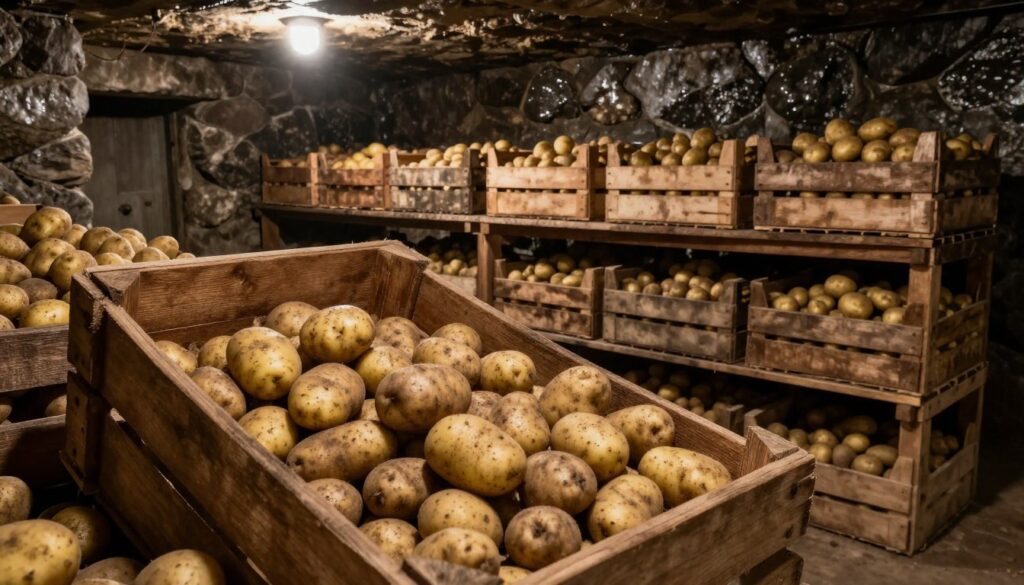 A cozy underground cellar filled with neatly organized crates of freshly harvested potatoes. In the foreground, a wooden crate spills over with earthy, unblemished potatoes, showcasing their natural brown and tan hues. The middle ground features stacked wooden shelves packed with additional crates, emphasizing a rustic, homely feel. In the background, the dimly lit room reveals stone walls and a low ceiling, enhancing the atmosphere of cool, moisture-retaining storage. Soft, ambient lighting casts gentle shadows, highlighting the texture of the potatoes and crates. The overall mood is serene and earthy, capturing the essence of proper potato storage in a cellar environment. A cozy underground cellar filled with neatly organized crates of freshly harvested potatoes. In the foreground, a wooden crate spills over with earthy, unblemished potatoes, showcasing their natural brown and tan hues. The middle ground features stacked wooden shelves packed with additional crates, emphasizing a rustic, homely feel. In the background, the dimly lit room reveals stone walls and a low ceiling, enhancing the atmosphere of cool, moisture-retaining storage. Soft, ambient lighting casts gentle shadows, highlighting the texture of the potatoes and crates. The overall mood is serene and earthy, capturing the essence of proper potato storage in a cellar environment.