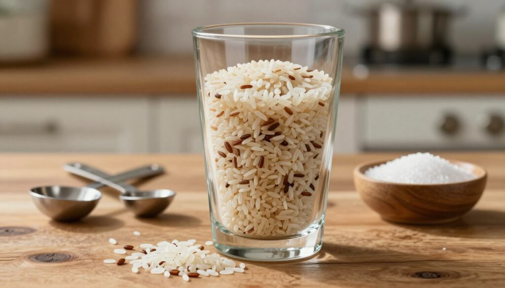 A detailed image of a glass of rice, showcasing a perfectly filled transparent glass with an assortment of uncooked white, brown, and basmati rice grains visible through the glass. The foreground features the glass elevated slightly on a rustic wooden kitchen table, with grains spilling out gently onto the table surface. In the middle ground, small measuring spoons and a bowl filled with salt are tastefully arranged to suggest the preparation process. The background is softly blurred, featuring a cozy kitchen with warm lighting that gives a homely atmosphere. The overall mood is inviting and informative, with natural light illuminating the textures of the rice. The angle is slightly above eye level, creating a pleasing perspective.