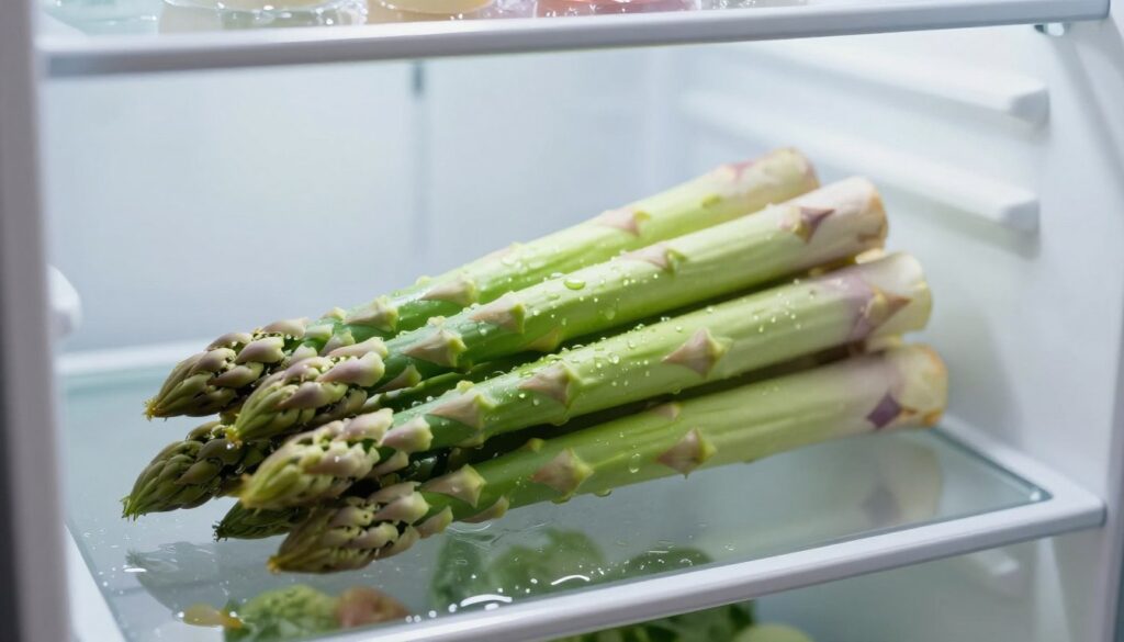 A fresh bunch of green asparagus arranged neatly in a fridge, showcasing their crisp, vibrant color and dew-like texture. The foreground features the asparagus prominently, with water droplets glistening on the stalks, suggesting freshness and high quality. In the middle ground, the open fridge shelves reveal glimmers of other fresh vegetables and a subtle hint of ice, evoking a cool and organized atmosphere. The background contains soft, diffused lighting that reflects off the fridge's metallic surfaces, creating a clean and modern feel. A simple, minimalist approach sets a mood of freshness and health. The angle is slightly above eye level, providing an inviting view into the refrigerator, emphasizing the asparagus as the focal point without any distractions. A fresh bunch of green asparagus arranged neatly in a fridge, showcasing their crisp, vibrant color and dew-like texture. The foreground features the asparagus prominently, with water droplets glistening on the stalks, suggesting freshness and high quality. In the middle ground, the open fridge shelves reveal glimmers of other fresh vegetables and a subtle hint of ice, evoking a cool and organized atmosphere. The background contains soft, diffused lighting that reflects off the fridge's metallic surfaces, creating a clean and modern feel. A simple, minimalist approach sets a mood of freshness and health. The angle is slightly above eye level, providing an inviting view into the refrigerator, emphasizing the asparagus as the focal point without any distractions.