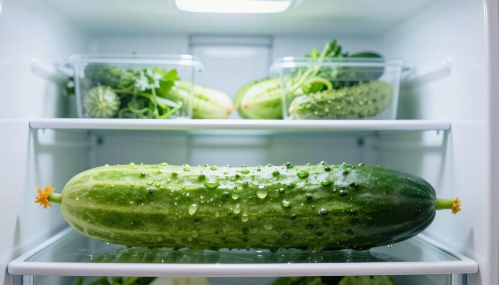 A fresh cucumber resting in an open fridge, showcasing its vibrant green color and crisp texture. The foreground features a close-up of the cucumber, glistening as if just washed, with droplets of water accentuating its freshness. In the middle ground, shelves of the refrigerator are stocked with other vegetables and well-organized containers, hinting at an ideal storage environment. The background reveals the soft glow of the fridge light, creating a cool and inviting atmosphere. The image is captured from a slightly elevated angle, emphasizing the cucumber as the focal point while ensuring the rest of the fridge remains visible. The overall mood is fresh, clean, and organized, ideal for illustrating methods of storing cucumbers.