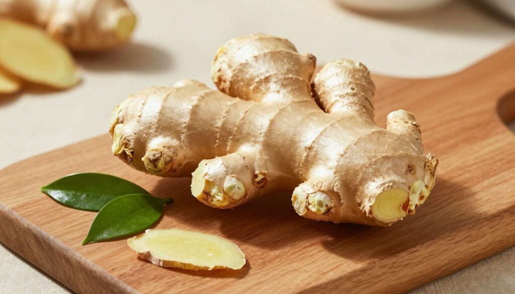A fresh ginger root prominently displayed on a rustic wooden cutting board. The ginger has a smooth, shiny surface, showcasing its natural earthy tones of light brown and tan. Surrounding the root, there are small flakes of ginger peel and a couple of fresh green leaves for added color contrast. The background features a softly blurred kitchen setting with warm, natural light illuminating the scene, casting gentle shadows. The focus is on the ginger root, emphasizing its texture and organic form. The overall atmosphere is inviting and cozy, ideal for a culinary context. The angle is slightly overhead, allowing a clear view of the details without any distractions.