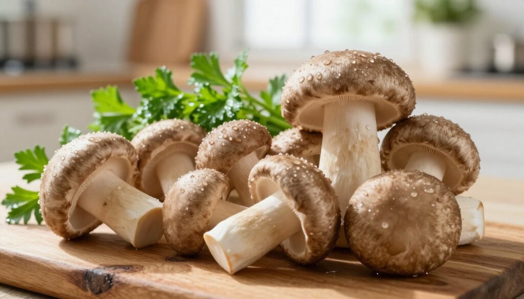 A fresh, vibrant display of freshly harvested kani mushrooms, arranged artfully on a rustic wooden surface. In the foreground, the mushrooms are glistening with dew, showcasing their rich textures and earthy tones. In the middle ground, a few sprigs of green parsley add a touch of color, enhancing the natural freshness of the scene. In the background, a softly blurred kitchen setting with sunlight streaming through a window creates a warm and inviting atmosphere. The lighting is bright and natural, highlighting the mushrooms' details and casting gentle shadows. The overall mood is clean and fresh, evoking the essence of safety and the importance of proper storage for maximize shelf life. A fresh, vibrant display of freshly harvested kani mushrooms, arranged artfully on a rustic wooden surface. In the foreground, the mushrooms are glistening with dew, showcasing their rich textures and earthy tones. In the middle ground, a few sprigs of green parsley add a touch of color, enhancing the natural freshness of the scene. In the background, a softly blurred kitchen setting with sunlight streaming through a window creates a warm and inviting atmosphere. The lighting is bright and natural, highlighting the mushrooms' details and casting gentle shadows. The overall mood is clean and fresh, evoking the essence of safety and the importance of proper storage for maximize shelf life.