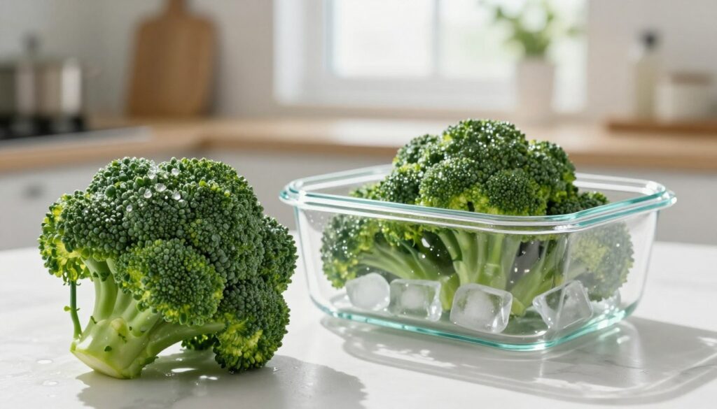 A fresh, vibrant head of broccoli sits prominently in the foreground, glistening with dewdrops, symbolizing freshness. In the middle, a clear glass container filled with broccoli, alongside a few ice cubes, illustrates the ideal way to store it for crispness. The background features a soft-focus kitchen setting with natural light streaming in through a window, casting gentle shadows that create an inviting atmosphere. The lighting highlights the rich green color of the broccoli, emphasizing its freshness and vitality. The composition is balanced and engaging, focusing on storage techniques while evoking a sense of care and attention within a home kitchen environment.