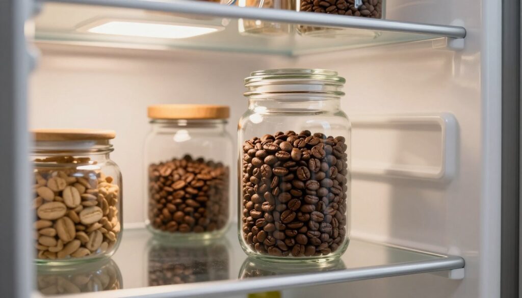 A kitchen interior featuring a well-organized refrigerator with visible shelves. In the foreground, a clean, elegant glass jar filled with coffee beans sits prominently, showcasing the rich brown color and texture of the beans. The middle ground includes various other food items neatly arranged, hinting at an organized and stylish kitchen space. In the background, a soft light filters in from a window, creating a warm and inviting atmosphere. The scene is illuminated with warm tones to emphasize the coziness of the kitchen environment. The angle is slightly above eye level, capturing the essence of a modern kitchen while focusing on the coffee storage method, evoking curiosity about the best practices for maintaining coffee freshness.