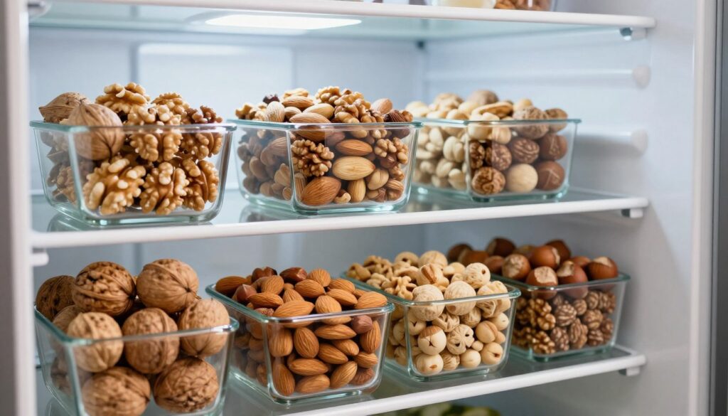 A modern kitchen interior featuring an open refrigerator stocked with various types of fresh nuts, prominently displayed in transparent glass containers. The foreground captures the vibrant assortment of walnuts, almonds, and hazelnuts, harmoniously arranged to showcase their textures and colors. In the middle, the refrigerator shelves are illuminated with soft, cool white lighting that highlights the freshness of the nuts, enhancing their appeal. The background subtly includes a freezer section, hinting at the importance of preserving these nuts for extended freshness. The lens focuses closely on the nuts with a shallow depth of field, creating a warm and inviting atmosphere that emphasizes the topic of food preservation. A modern kitchen interior featuring an open refrigerator stocked with various types of fresh nuts, prominently displayed in transparent glass containers. The foreground captures the vibrant assortment of walnuts, almonds, and hazelnuts, harmoniously arranged to showcase their textures and colors. In the middle, the refrigerator shelves are illuminated with soft, cool white lighting that highlights the freshness of the nuts, enhancing their appeal. The background subtly includes a freezer section, hinting at the importance of preserving these nuts for extended freshness. The lens focuses closely on the nuts with a shallow depth of field, creating a warm and inviting atmosphere that emphasizes the topic of food preservation.