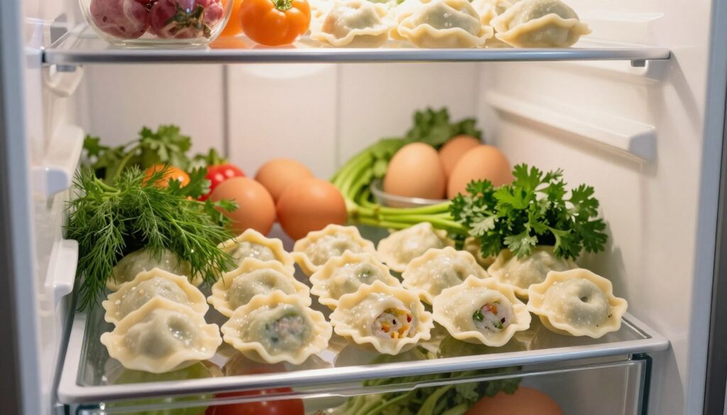 A modern refrigerator interior filled with neatly organized raw pierogi on a clean glass shelf. The pierogi should appear fresh, with a variety of fillings visible through the translucent dough, showcasing their texture. Surrounding the pierogi, there are fresh herbs like dill and parsley, which add a touch of color and freshness. The fridge light casts a soft, inviting glow, highlighting the ingredients' vibrant colors. In the background, other fresh ingredients such as vegetables and eggs are arranged neatly, emphasizing a well-organized kitchen environment. The overall mood should be warm and homey, reflecting a careful approach to food storage and preparation. No humans are present in the image.