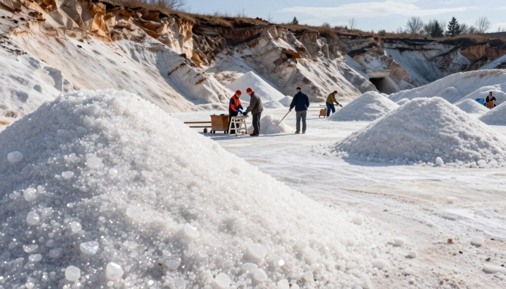 A pristine landscape depicting Kłodawa salt mines in Poland, showcasing the glistening white salt formations and vast salt deposits. In the foreground, intricate piles of salt crystals sparkle under bright daylight, emphasizing their purity and texture. The middle ground features workers in professional attire, carefully mining and processing the salt, highlighting the labor involved in harvesting this natural resource. The background reveals the expansive mine with dramatic geological structures, creating an awe-inspiring view. The lighting is vibrant and warm, casting soft shadows that enhance the three-dimensionality of the landscape. The overall mood is industrious and natural, conveying both the beauty and economic significance of Kłodawa salt in a compelling way.