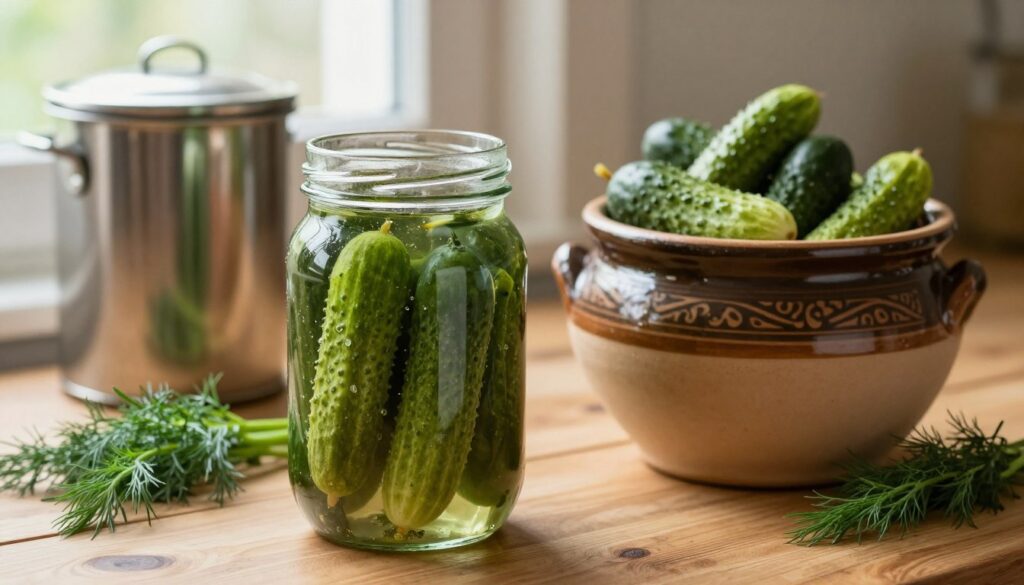 A rustic kitchen scene showcasing various methods of storing pickled cucumbers after fermentation. In the foreground, a glass jar filled with bright green, crunchy cucumbers, their surface glistening with brine, sits on a wooden table. Next to it, an earthenware pot with a traditional design, filled with similarly pickled cucumbers, exuding a homely charm. In the background, a stainless steel container adds a modern touch, with faint reflections of light on its surface. Soft, warm natural light filters through a nearby window, creating a cozy atmosphere. The table is adorned with fresh herbs, such as dill, enhancing the freshness of the scene. Capture the entire composition with a slight depth of field, focusing on the jars while softly blurring the background, evoking a sense of culinary warmth and preservation.