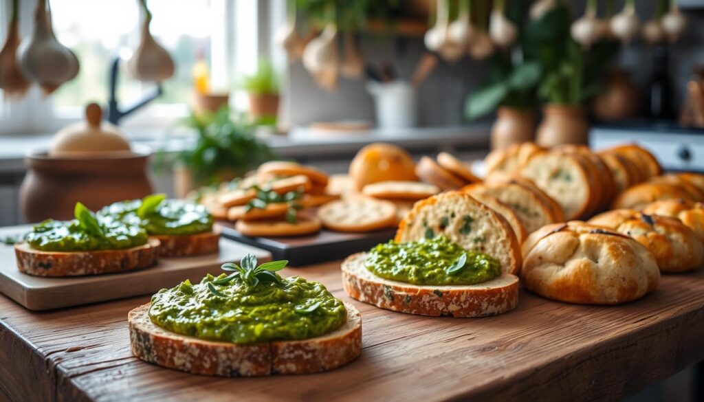 A rustic wooden table filled with an array of freshly baked goods featuring wild garlic and pesto. In the foreground, showcase a vibrant green pesto spread on rustic bread slices, garnished with wild garlic leaves. In the middle, display an assortment of savory pastries and snacks like herb-infused crackers and cheesy scones, subtly highlighting the texture and golden crust. The background is softly blurred, featuring a sunny kitchen with hanging garlic bulbs and fresh herbs, creating a warm, inviting atmosphere. Utilize soft, natural lighting to enhance the fresh, earthy colors. The mood is cozy and homely, perfect for a culinary setting emphasizing creativity and flavor.