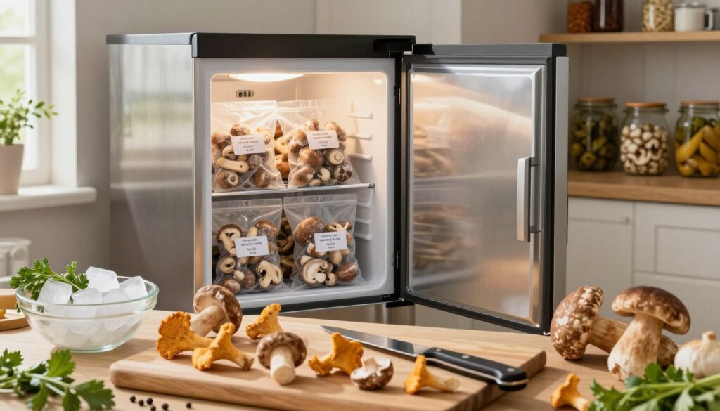 A serene kitchen scene displaying the process of freezing mushrooms. In the foreground, a wooden cutting board is cluttered with various fresh mushrooms, such as chanterelles and porcini, alongside a sharp knife and a bowl of ice. In the middle ground, a bright stainless-steel freezer is slightly ajar, showcasing neatly packaged bags of frozen mushrooms labeled with dates. Light filters softly through a nearby window, casting gentle shadows and creating a warm atmosphere. Fresh herbs and spices are arranged artistically around the scene. In the background, shelves filled with jars of pickled vegetables and spices suggest an organized kitchen space. The overall mood should feel inviting and educational, capturing the essence of preserving mushrooms.