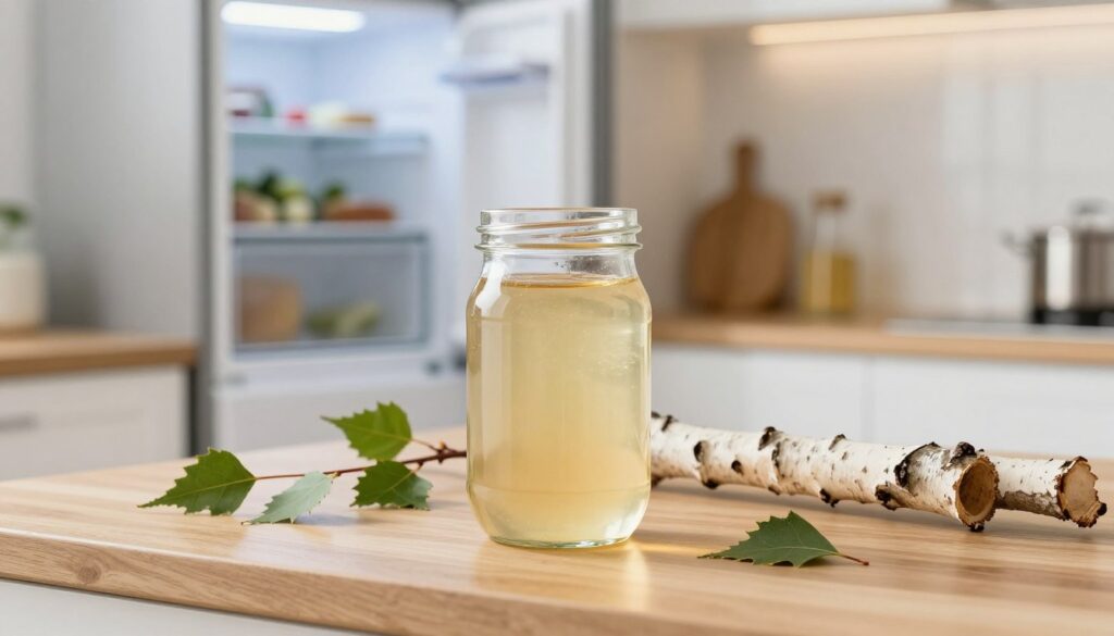 A serene kitchen scene, showcasing a glass jar filled with fresh birch sap on a wooden countertop, surrounded by natural elements. In the foreground, the crystal-clear jar captures the light, highlighting the golden hue of the sap. Beside it, a few birch branches with green leaves scattered gently around, accentuating the natural origins of the sap. The middle ground features a refrigerator subtly open, hinting at a modern, clean kitchen environment that prioritizes food safety and preservation. In the background, soft lighting reflects off the white walls, creating a warm and inviting atmosphere. The composition evokes a sense of tranquility and health, visually communicating the essence of storing birch sap safely while maintaining its beneficial properties.