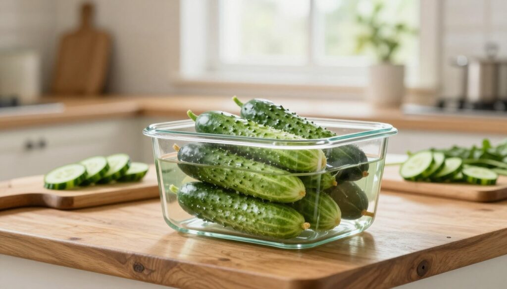A serene kitchen scene showcasing freshly picked cucumbers stored in a clear glass container filled with water. In the foreground, vibrant green cucumbers are clearly visible, floating gently, their surface glistening under soft, warm light. In the middle ground, a rustic wooden countertop complements the freshness, with sliced cucumbers arranged artfully on a cutting board. The background features a softly blurred window allowing natural light to flood the space, creating a bright and inviting atmosphere. The image captures the freshness and longevity trick of storing cucumbers, emphasizing a clean and sustainable approach to food preservation. The composition utilizes a shallow depth of field to focus on the cucumbers, creating a serene and refreshing mood.