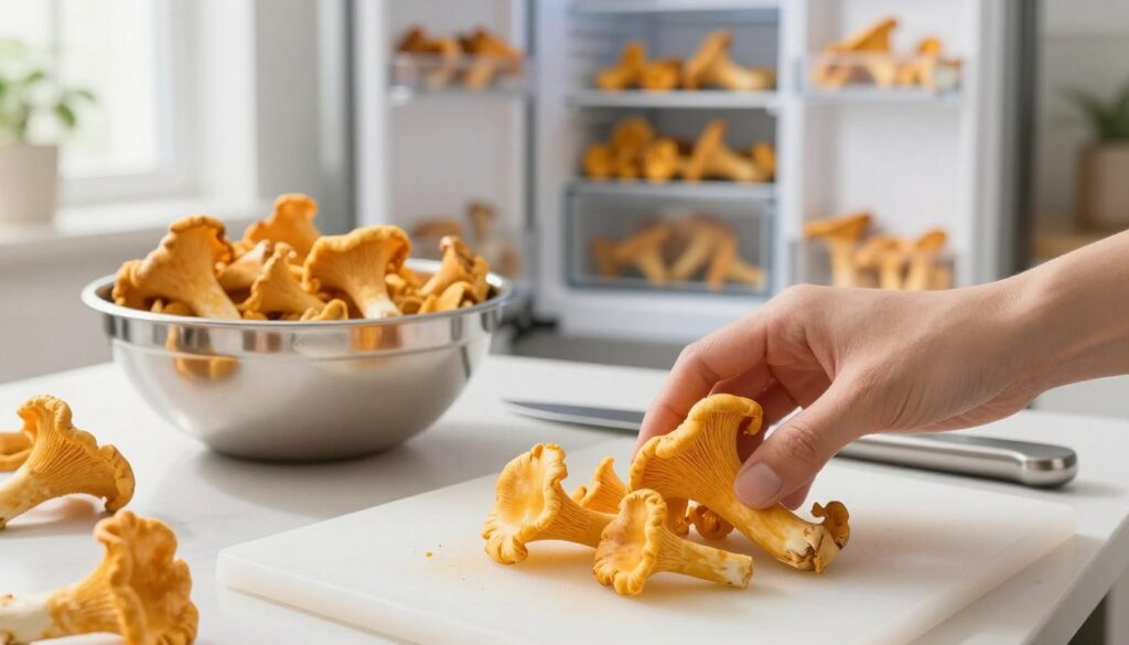 A serene kitchen setting featuring a close-up of fresh, vivid chanterelle mushrooms (kurki) being prepared for freezing. In the foreground, a hand gently places neat clusters of golden-yellow mushrooms onto a clean, white cutting board, highlighting their texture. The middle ground showcases a stainless steel bowl filled with clean, trimmed mushrooms, with a gleaming kitchen knife resting beside it. In the background, a modern refrigerator door stands open, revealing organized shelves with frozen food items, suggesting a well-prepared storage area. The lighting is bright and natural, coming from a large window, creating a fresh and inviting atmosphere. The overall mood is calm and methodical, reflecting the step-by-step process of preserving mushrooms without bitterness.
