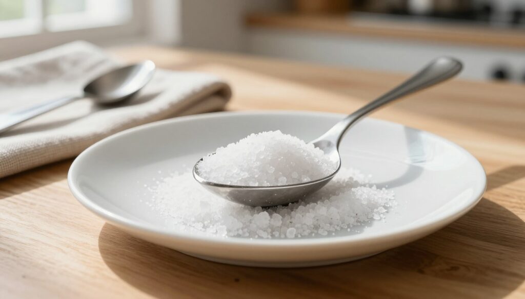 A sleek, polished teaspoon filled with coarse sea salt, placed centrally on a clean, white ceramic plate. The background features a softly blurred wooden kitchen table, giving a warm and inviting ambiance. Natural sunlight streams through a nearby window, casting gentle shadows and illuminating the texture of the salt crystals. To the left, a measuring spoon and a small pinch of salt rest on an elegant linen napkin. The focus is on the teaspoon, highlighting its shiny metallic surface and the glistening salt. This image conveys a practical and informative atmosphere, emphasizing the weight and measurement of salt in cooking. The angle captures the spoon at a slight tilt to enhance depth. A sleek, polished teaspoon filled with coarse sea salt, placed centrally on a clean, white ceramic plate. The background features a softly blurred wooden kitchen table, giving a warm and inviting ambiance. Natural sunlight streams through a nearby window, casting gentle shadows and illuminating the texture of the salt crystals. To the left, a measuring spoon and a small pinch of salt rest on an elegant linen napkin. The focus is on the teaspoon, highlighting its shiny metallic surface and the glistening salt. This image conveys a practical and informative atmosphere, emphasizing the weight and measurement of salt in cooking. The angle captures the spoon at a slight tilt to enhance depth.