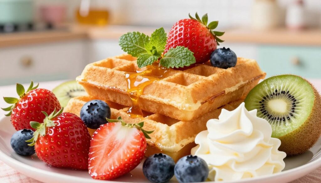 A vibrant and inviting scene featuring an assortment of fresh, seasonal fruits elegantly arranged on a golden, crispy waffle. In the foreground, juicy strawberries, ripe blueberries, and slices of kiwi burst with color, glistening with a light sheen, alongside a dollop of whipped cream. In the middle ground, the freshly made waffle is topped with a light drizzle of honey and scattered mint leaves for a touch of freshness. The background features a softly blurred pastel kitchen setting that exudes warmth, with natural sunlight streaming in, highlighting the vibrant colors of the fruits. The mood is cheerful and refreshing, perfect for enticing readers to enjoy delicious, colorful toppings on their waffles. A vibrant and inviting scene featuring an assortment of fresh, seasonal fruits elegantly arranged on a golden, crispy waffle. In the foreground, juicy strawberries, ripe blueberries, and slices of kiwi burst with color, glistening with a light sheen, alongside a dollop of whipped cream. In the middle ground, the freshly made waffle is topped with a light drizzle of honey and scattered mint leaves for a touch of freshness. The background features a softly blurred pastel kitchen setting that exudes warmth, with natural sunlight streaming in, highlighting the vibrant colors of the fruits. The mood is cheerful and refreshing, perfect for enticing readers to enjoy delicious, colorful toppings on their waffles.
