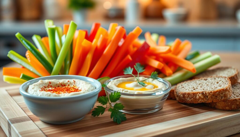A vibrant arrangement of fresh vegetable sticks for hummus, featuring colorful bell pepper strips, crisp cucumber sticks, and vibrant carrot sticks, artfully displayed on a wooden cutting board. In the foreground, a small bowl of creamy hummus is garnished with a sprinkle of paprika and a drizzle of olive oil. In the middle ground, a few sprigs of fresh parsley add a touch of green, while slices of whole grain bread are placed adjacent for dipping. The background softly blurs, suggesting a cozy kitchen ambiance with subtle warm lighting highlighting the freshness of the vegetables. Capture this scene from a slightly elevated angle to emphasize the array of colors and textures, evoking a mood of inviting warmth and healthful eating. A vibrant arrangement of fresh vegetable sticks for hummus, featuring colorful bell pepper strips, crisp cucumber sticks, and vibrant carrot sticks, artfully displayed on a wooden cutting board. In the foreground, a small bowl of creamy hummus is garnished with a sprinkle of paprika and a drizzle of olive oil. In the middle ground, a few sprigs of fresh parsley add a touch of green, while slices of whole grain bread are placed adjacent for dipping. The background softly blurs, suggesting a cozy kitchen ambiance with subtle warm lighting highlighting the freshness of the vegetables. Capture this scene from a slightly elevated angle to emphasize the array of colors and textures, evoking a mood of inviting warmth and healthful eating.