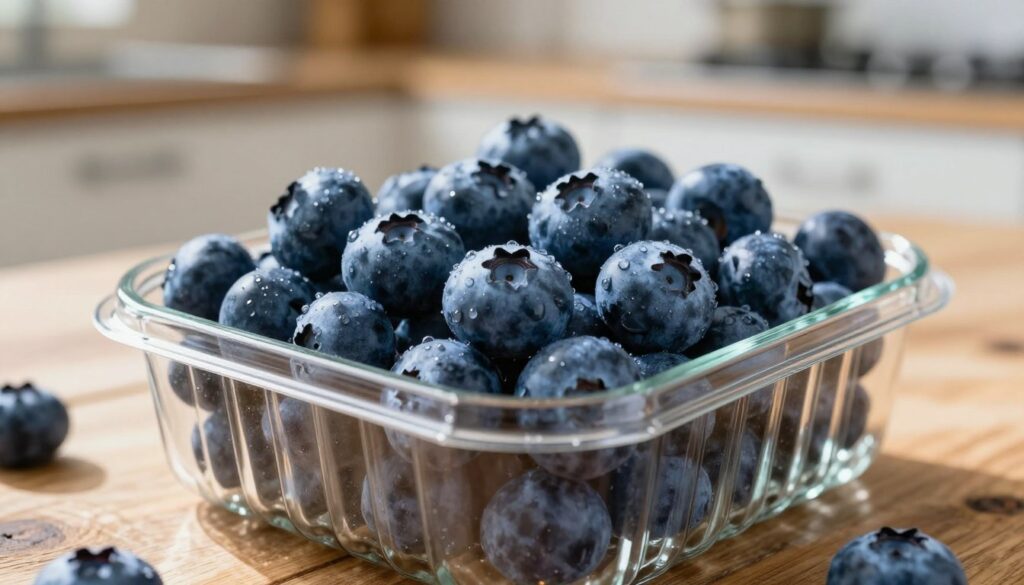 A vibrant, close-up image of fresh blueberries in a clear glass container, showcasing their plump, dewy surfaces and rich blue hues, set on a rustic wooden table. In the background, a softly lit kitchen with warm, natural lighting creates a cozy atmosphere. The focus is on the blueberries, highlighting their freshness and juiciness. A subtle depth of field blurs the background slightly, drawing attention to the blueberries, while a gentle beam of sunlight illuminates the container, casting soft shadows. The overall mood is inviting and fresh, evoking the essence of preserving the firmness of blueberries. No text or additional elements are present.