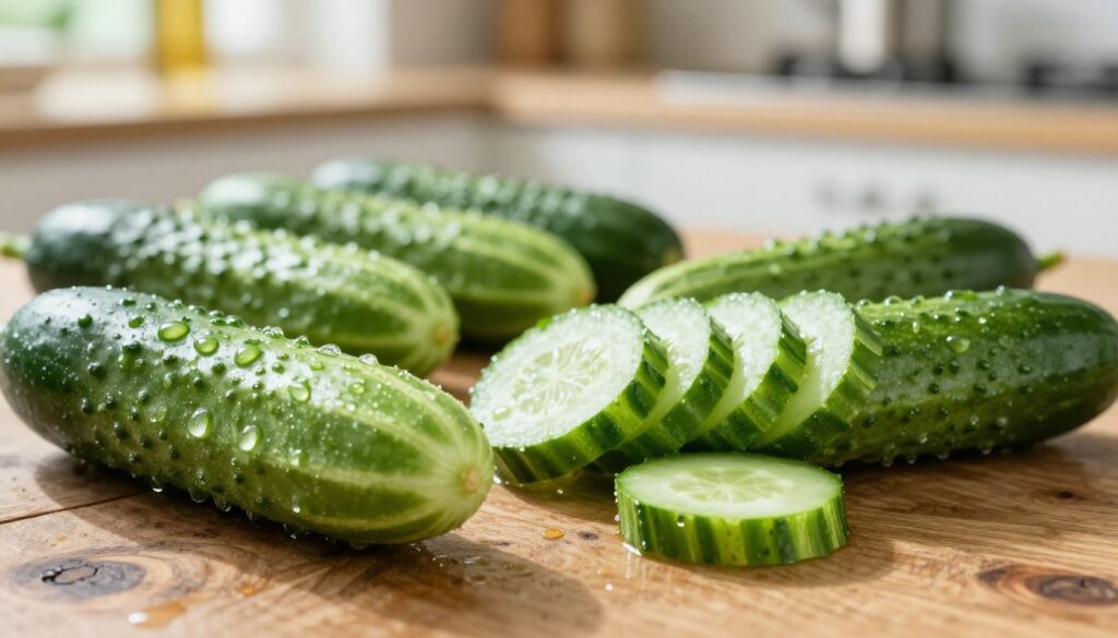 A vibrant, close-up image of fresh cucumbers with droplets of water glistening on their skin, set against a rustic wooden table. In the foreground, a few whole cucumbers lie scattered, showcasing their firm texture and rich green color, while in the middle ground, slices of cucumber are artistically arranged to emphasize their freshness and crispness. The background features a softly blurred kitchen setting with natural light streaming in, creating a warm and inviting atmosphere. The composition captures the essence of freshness, highlighting the importance of proper storage conditions for cucumbers to maintain their firmness, evoking a sense of vitality and care in food preparation.