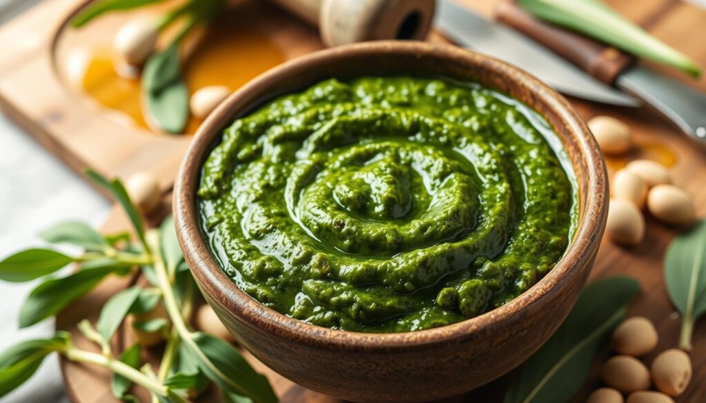 A vibrant, close-up image of homemade wild garlic pesto, rich green and creamy in texture, placed in a rustic ceramic bowl. Surround the bowl with fresh wild garlic leaves, pine nuts, and a drizzle of olive oil, emphasizing the freshness of the ingredients. The backdrop features a wooden cutting board with the tools of the trade, such as a mortar and pestle and a small knife, hinting at the preparation process. Natural light filters in from the left, creating soft shadows and highlighting the vibrant colors of the pesto. An inviting, warm atmosphere invites viewers to appreciate the culinary process, making them feel inspired to create this dish at home.