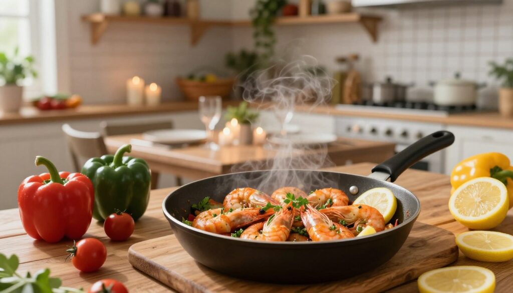 A vibrant, cozy kitchen scene featuring a sumptuous shrimp dish cooked in a skillet. In the foreground, a sizzling skillet filled with juicy, golden-brown shrimp, garnished with fresh herbs and lemon slices, steam wafting up. Surrounding the skillet, a rustic wooden table is adorned with vibrant vegetables like bell peppers and cherry tomatoes, adding color and freshness. In the middle ground, an elegantly set dining table is partially visible, with soft candlelight reflecting a warm, inviting atmosphere, hinting at a romantic dinner for two. In the background, shelves lined with spices, pots, and plants enhance the homey feel. The lighting is soft and warm, creating an intimate mood, shot at a 45-degree angle to capture the inviting details.
