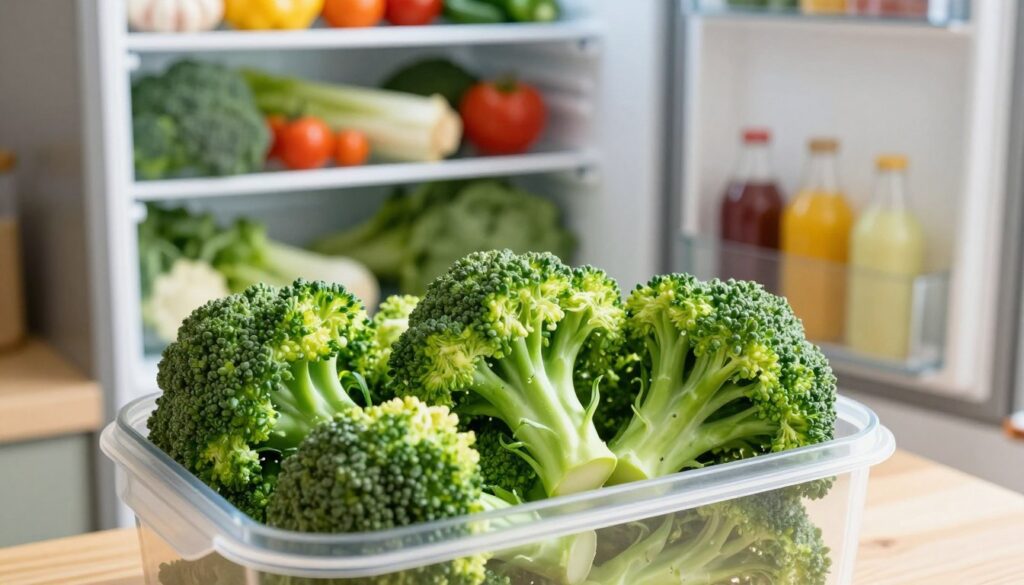 A vibrant kitchen scene featuring fresh, crisp broccoli in the foreground. The focal point is a well-organized storage container filled with freshly washed and trimmed broccoli florets, showcasing their bright green color and healthy texture. The middle ground includes an open refrigerator with shelves stocked with various fresh vegetables, emphasizing the importance of proper storage. Soft, natural light streams in from a nearby window, casting gentle shadows and creating a warm, inviting atmosphere. The overall mood is fresh and wholesome, suggesting care in food preservation. The camera angle is slightly above eye level, capturing both the broccoli and the refrigerator clearly. Ensure no text or additional elements are present in the image.