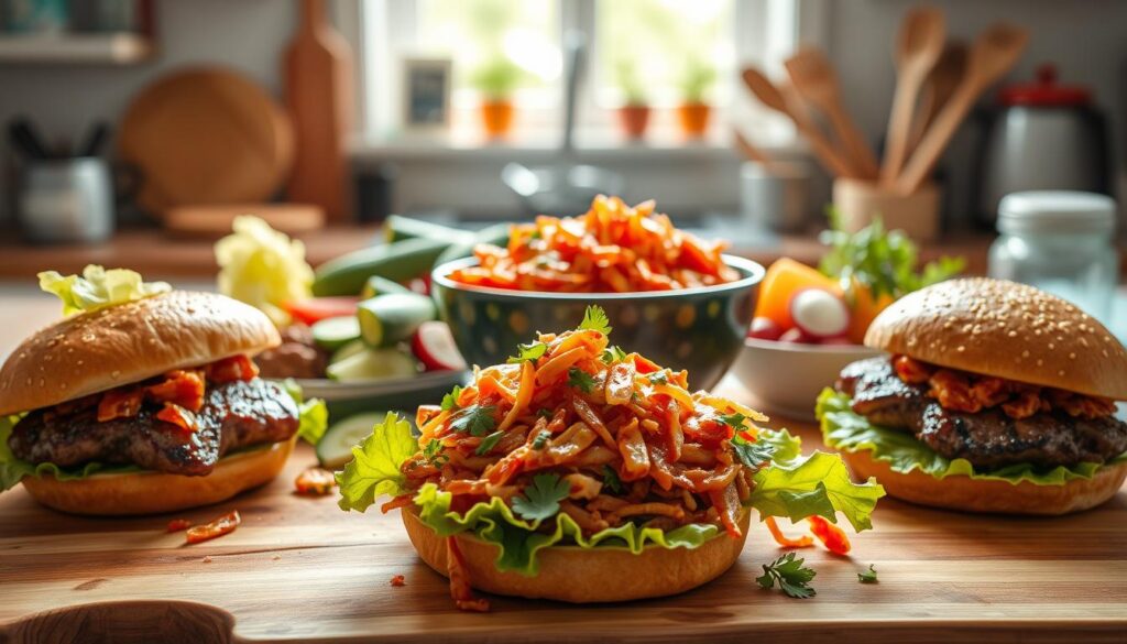 A vibrant kitchen scene showcasing kimchi as a versatile everyday addition to meals. In the foreground, a wooden cutting board displays a colorful spread of sandwiches and burgers topped with fresh kimchi, emphasizing the spicy twist it adds. Juicy, grilled meats and crisp lettuce peeking out from the sides enhance the visual appeal. In the middle, a bowl of kimchi sits prominently, surrounded by fresh ingredients like cucumbers, radishes, and herbs, creating a rich, inviting atmosphere. The background features softly blurred kitchen utensils and light filtering through a window, casting a warm glow. The scene evokes a lively, casual dining mood, inspiring viewers with the everyday joy of cooking and enjoying diverse flavors.