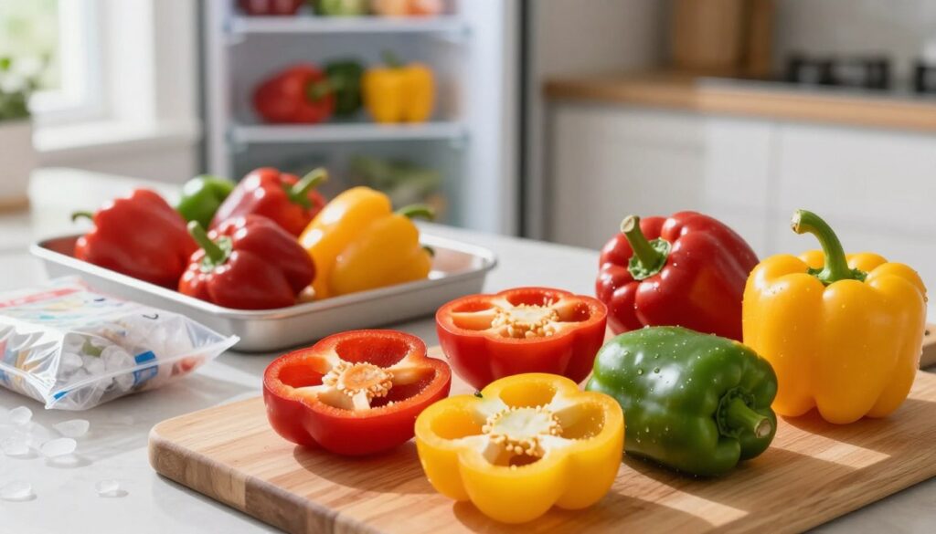 A vibrant scene showcasing the process of freezing peppers for long-term storage. In the foreground, a variety of fresh, bright red, yellow, and green bell peppers are carefully arranged on a wooden cutting board, some sliced open to display their juicy interiors. In the middle ground, a clean, silver tray is filled with whole peppers ready to be portioned, alongside ice-filled freezer bags. The background features a modern kitchen with a well-organized freezer door slightly ajar, suggesting the preparation for freezing. Soft, natural lighting streams in from a nearby window, creating a warm and inviting atmosphere, with a shallow depth of field to focus on the colorful peppers in the foreground. The overall mood is fresh, practical, and organized, emphasizing the importance of preserving peppers for winter.