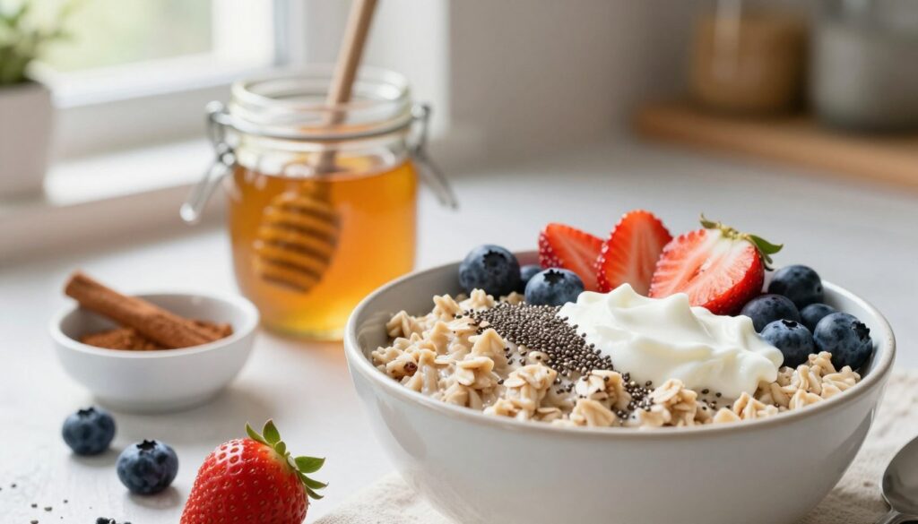A vibrant, well-composed still life featuring a bowl of oatmeal topped with an array of low-calorie, filling toppings. In the foreground, display fresh berries like blueberries and strawberries, a sprinkle of chia seeds, and a dollop of Greek yogurt for added protein. In the middle, place a jar of honey and a small dish of cinnamon, emphasizing a healthy balance of flavors. The background should be softly blurred, showcasing a serene kitchen environment with natural light streaming through a window, casting gentle shadows. The atmosphere should feel inviting and wholesome, appealing to health-conscious individuals. Use a warm tone and soft focus to create a cozy, encouraging vibe for a nutritious breakfast choice.