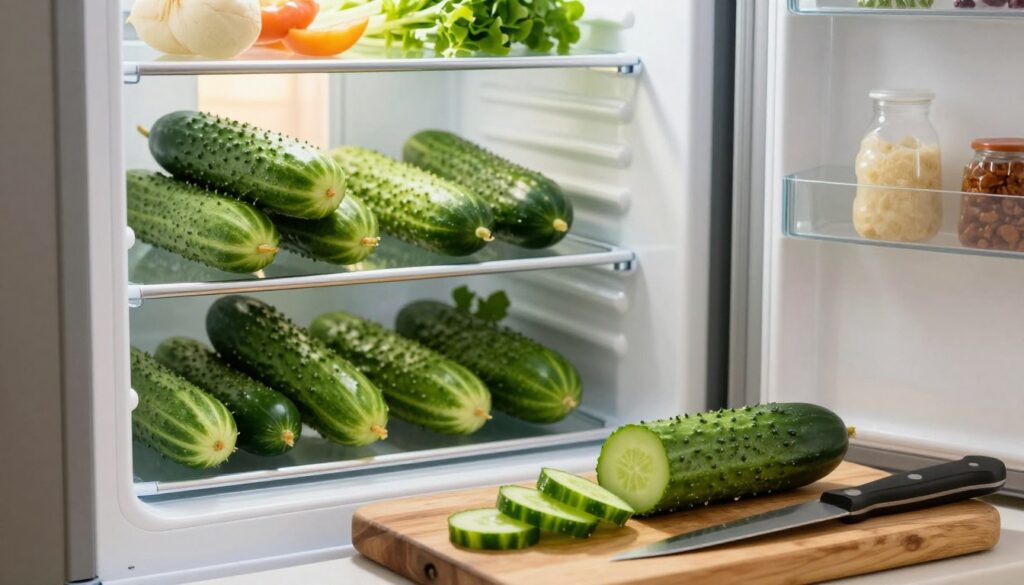 A visually appealing kitchen scene illustrating the proper storage of cucumbers. In the foreground, a rustic wooden cutting board holds several whole cucumbers alongside a knife and a partially sliced cucumber, showcasing the contrast between whole and cut vegetables. The middle layer features a modern refrigerator door slightly ajar, revealing neatly organized shelves filled with fresh produce to emphasize refrigerator storage. In the background, a sunny kitchen window casts warm light, highlighting the freshness and vibrant green color of the cucumbers. The atmosphere is inviting and homely, evoking a sense of care and attention to food preservation. The angles are slightly elevated, providing a clear view of the different storage methods while maintaining an aesthetic balance without any text or distractions.