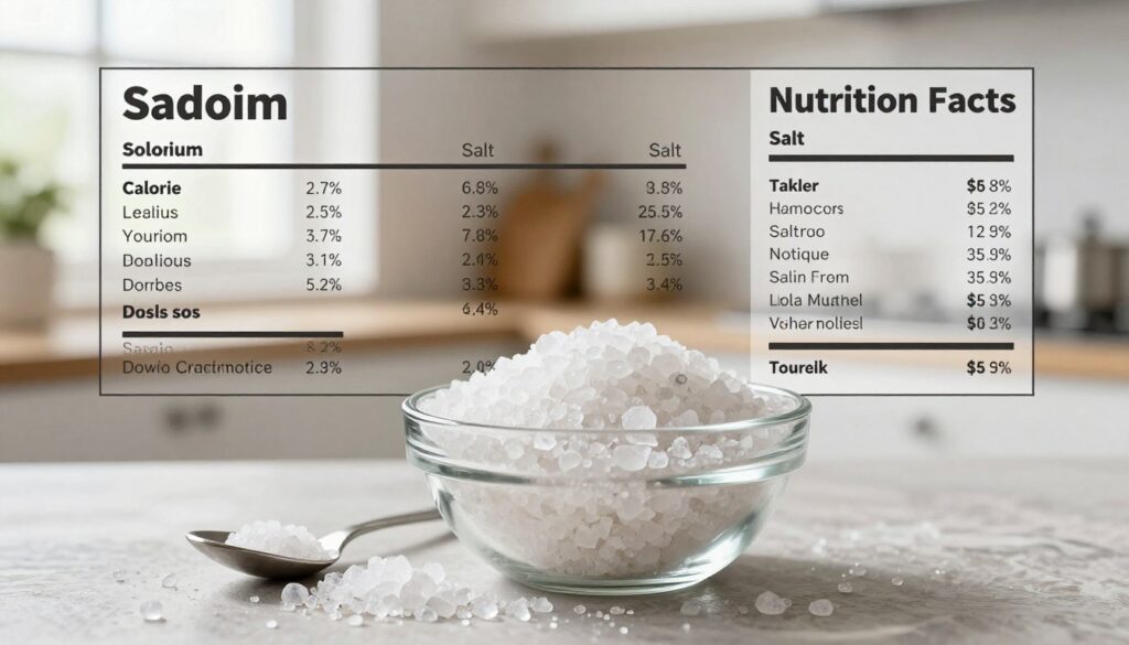 A visually engaging and informative illustration depicting the nutritional values of salt. In the foreground, a crystal-clear bowl filled with coarse sea salt, with a spoon resting beside it. The middle ground features a well-organized chart of nutrition facts, showing calories, sodium levels, and other dietary information in an elegant layout. In the background, a softly blurred kitchen setting with natural light streaming through a window, creating a warm and inviting atmosphere. The focus should be on highlighting the salt and its nutritional aspects, conveying a sense of clarity and knowledge. The image should evoke curiosity and education, emphasizing the topic without any text or additional distractions. A visually engaging and informative illustration depicting the nutritional values of salt. In the foreground, a crystal-clear bowl filled with coarse sea salt, with a spoon resting beside it. The middle ground features a well-organized chart of nutrition facts, showing calories, sodium levels, and other dietary information in an elegant layout. In the background, a softly blurred kitchen setting with natural light streaming through a window, creating a warm and inviting atmosphere. The focus should be on highlighting the salt and its nutritional aspects, conveying a sense of clarity and knowledge. The image should evoke curiosity and education, emphasizing the topic without any text or additional distractions.
