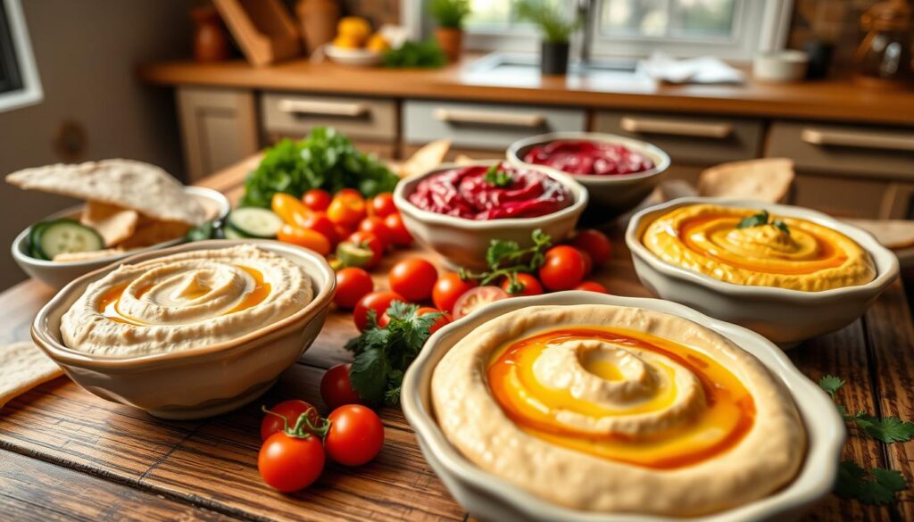 A visually enticing display of several hummus variations on a rustic wooden table. In the foreground, showcase creamy traditional hummus, vibrant roasted red pepper hummus, and zesty beet hummus, each in elegant ceramic bowls. Surround them with fresh, colorful accompaniments: sliced cucumbers, cherry tomatoes, crunchy bell peppers, soft pita bread, and a drizzle of olive oil over the hummus. In the middle ground, softly blurred herbs like parsley and cilantro add freshness. The background features a warm, inviting kitchen setting with natural light streaming through a window, creating a cozy atmosphere. Slight overhead angle to capture the textures and colors of the ingredients effectively, emphasizing the appeal of healthy eating and flavorful pairings. A visually enticing display of several hummus variations on a rustic wooden table. In the foreground, showcase creamy traditional hummus, vibrant roasted red pepper hummus, and zesty beet hummus, each in elegant ceramic bowls. Surround them with fresh, colorful accompaniments: sliced cucumbers, cherry tomatoes, crunchy bell peppers, soft pita bread, and a drizzle of olive oil over the hummus. In the middle ground, softly blurred herbs like parsley and cilantro add freshness. The background features a warm, inviting kitchen setting with natural light streaming through a window, creating a cozy atmosphere. Slight overhead angle to capture the textures and colors of the ingredients effectively, emphasizing the appeal of healthy eating and flavorful pairings.