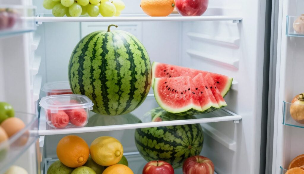 A well-lit interior of a modern refrigerator, showcasing a whole watermelon on the top shelf, beside neatly wrapped slices of watermelon in clear, airtight containers. The background features organized shelves with various fresh fruits and vegetables, creating a vibrant and inviting atmosphere. The refrigerator door is slightly ajar, allowing natural light to spill in, enhancing the clarity of the image. Focus on the rich green and red hues of the watermelon against the cool, white interior of the fridge. Capture the scene from a slightly elevated angle, providing a comprehensive view of the storage setup, thus emphasizing the optimal conditions for keeping watermelon fresh. The mood is fresh, organized, and inviting.