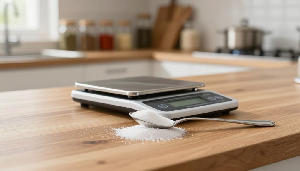 A well-lit kitchen countertop scene, with a polished wooden surface in the foreground. A stainless steel teaspoon is filled with white salt, carefully measured and slightly overflowing, showcasing the precision required for measuring. In the middle ground, a digital kitchen scale displays the exact weight of the salt in grams, indicating the importance of accuracy in cooking. In the background, soft-focus shelves filled with various spices and cooking utensils create a warm, inviting atmosphere, hinting at culinary creativity. The overall mood is one of calm and focus, ideal for instructional purposes. Use natural lighting from a nearby window to enhance the recent and organized feel, creating a grounded and practical kitchen vibe. A well-lit kitchen countertop scene, with a polished wooden surface in the foreground. A stainless steel teaspoon is filled with white salt, carefully measured and slightly overflowing, showcasing the precision required for measuring. In the middle ground, a digital kitchen scale displays the exact weight of the salt in grams, indicating the importance of accuracy in cooking. In the background, soft-focus shelves filled with various spices and cooking utensils create a warm, inviting atmosphere, hinting at culinary creativity. The overall mood is one of calm and focus, ideal for instructional purposes. Use natural lighting from a nearby window to enhance the recent and organized feel, creating a grounded and practical kitchen vibe.