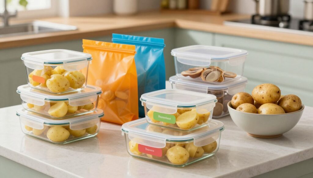 A well-organized kitchen countertop featuring various food storage containers ideal for keeping cooked potatoes fresh. In the foreground, showcase clear glass containers with airtight lids, neatly stacked, some filled with cooked potatoes, and colorful labels for easy identification. In the middle ground, include reusable silicone food bags in vibrant colors, and a few BPA-free plastic containers of different sizes, all arranged next to a bowl of freshly cooked potatoes. The background shows a cozy kitchen setting with soft natural light illuminating the scene, enhancing the overall warmth and inviting atmosphere. Capture the image from a slightly elevated angle to provide a comprehensive view of the containers and their contents, evoking a sense of order and culinary care. A well-organized kitchen countertop featuring various food storage containers ideal for keeping cooked potatoes fresh. In the foreground, showcase clear glass containers with airtight lids, neatly stacked, some filled with cooked potatoes, and colorful labels for easy identification. In the middle ground, include reusable silicone food bags in vibrant colors, and a few BPA-free plastic containers of different sizes, all arranged next to a bowl of freshly cooked potatoes. The background shows a cozy kitchen setting with soft natural light illuminating the scene, enhancing the overall warmth and inviting atmosphere. Capture the image from a slightly elevated angle to provide a comprehensive view of the containers and their contents, evoking a sense of order and culinary care.