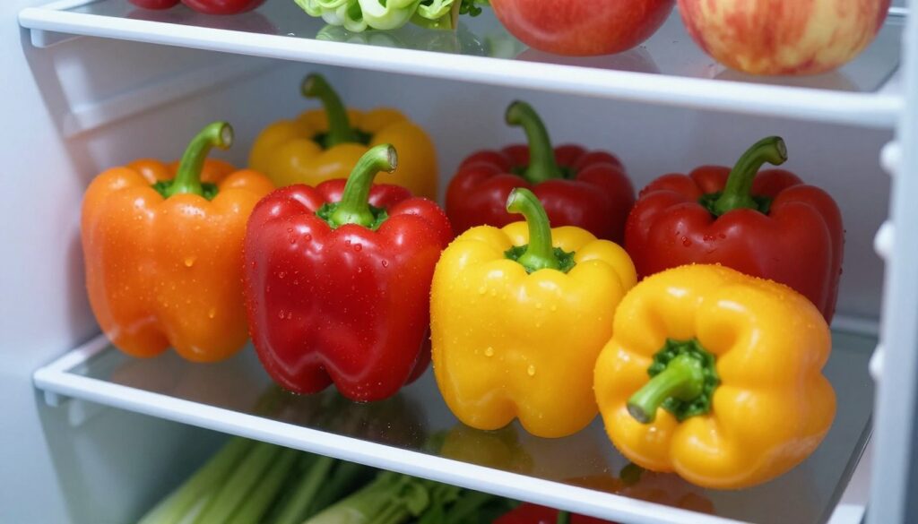 A well-organized refrigerator interior featuring vibrant red and yellow bell peppers stored properly, neatly arranged on a middle shelf. The focus is on the peppers, showcasing their fresh, glossy skin, with drops of condensation hinting at a cool atmosphere. In the background, the shelves of the refrigerator are filled with other fresh vegetables and fruits, slightly blurred to emphasize the peppers in the foreground. Soft, cool lighting illuminates the scene, enhancing the freshness and color of the peppers. The angle should be slightly top-down, capturing the depth of the fridge while making the peppers the star of the composition. The overall mood should convey freshness and vitality, emphasizing the importance of proper storage for longevity.